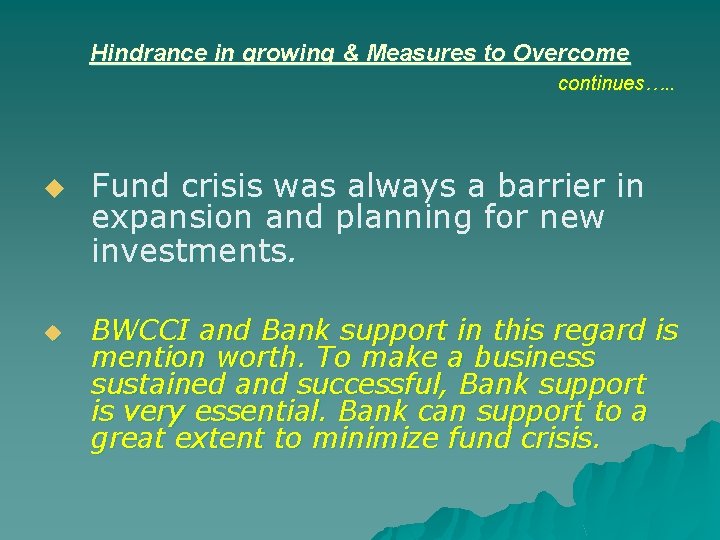 Hindrance in growing & Measures to Overcome continues…. . u u Fund crisis was
