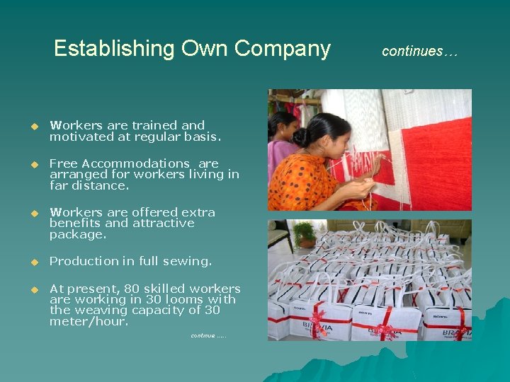 Establishing Own Company u Workers are trained and motivated at regular basis. u Free
