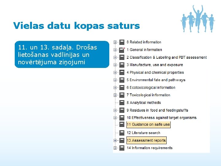 Vielas datu kopas saturs 11. un 13. sadaļa. Drošas lietošanas vadlīnijas un novērtējuma ziņojumi