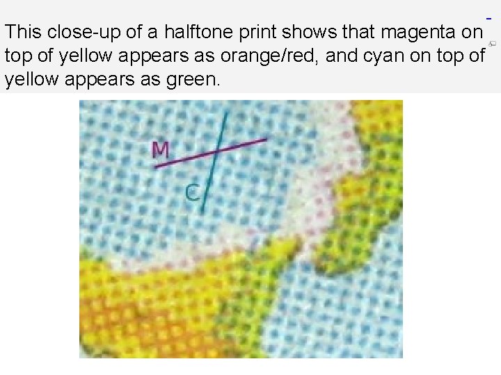 This close-up of a halftone print shows that magenta on top of yellow appears