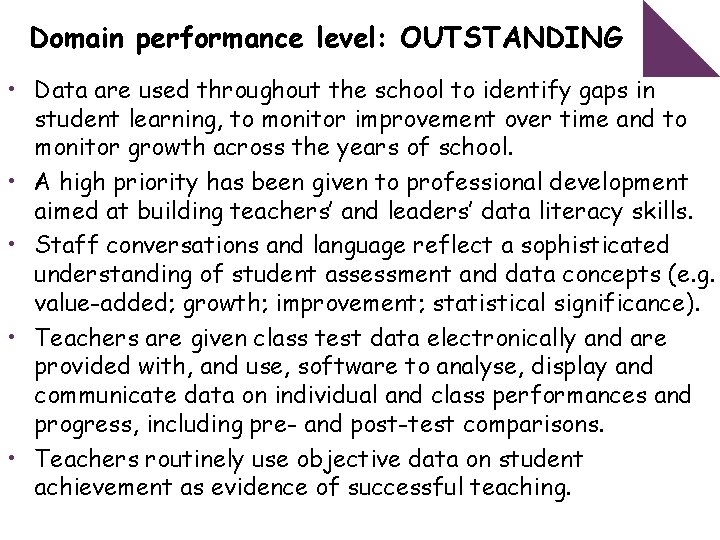 Domain performance level: OUTSTANDING • Data are used throughout the school to identify gaps
