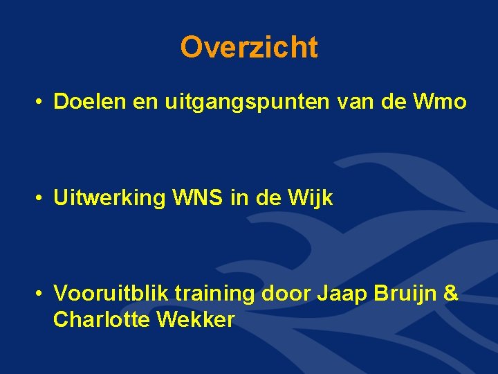 Overzicht • Doelen en uitgangspunten van de Wmo • Uitwerking WNS in de Wijk Overzicht • Doelen en uitgangspunten van de Wmo • Uitwerking WNS in de Wijk