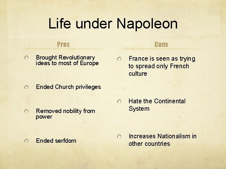 Life under Napoleon Pros Brought Revolutionary ideas to most of Europe Cons France is