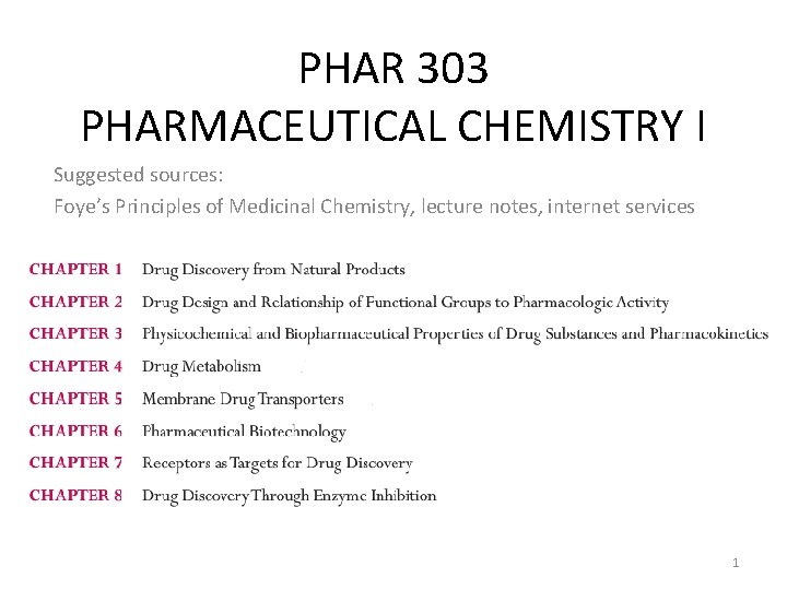 PHAR 303 PHARMACEUTICAL CHEMISTRY I Suggested sources: Foye’s Principles of Medicinal Chemistry, lecture notes,
