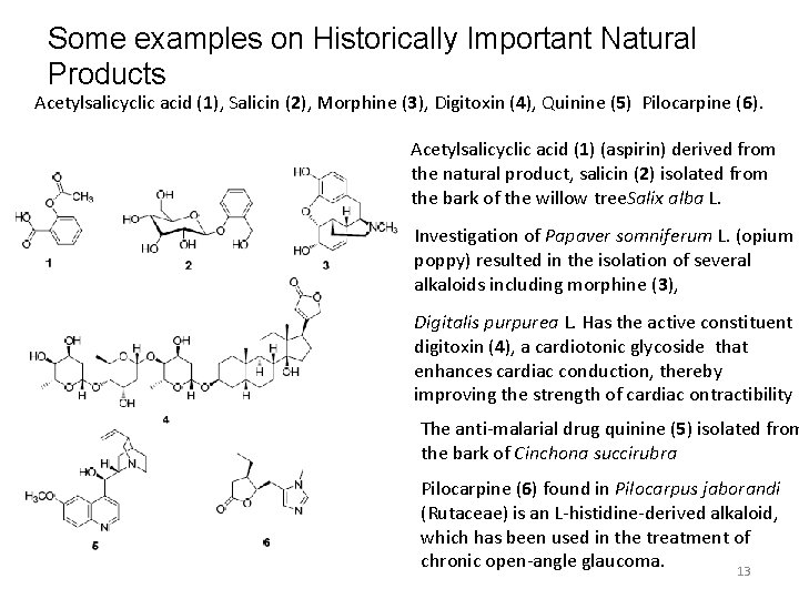 Some examples on Historically Important Natural Products Acetylsalicyclic acid (1), Salicin (2), Morphine (3),