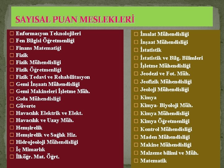 SAYISAL PUAN MESLEKLERİ � � � � � Enformasyon Teknolojileri Fen Bilgisi Öğretmenliği Finans