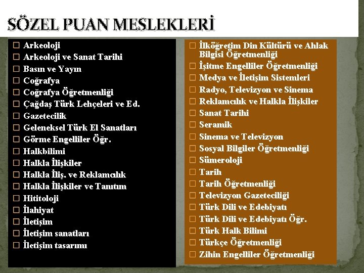 SÖZEL PUAN MESLEKLERİ � � � � � Arkeoloji ve Sanat Tarihi Basın ve