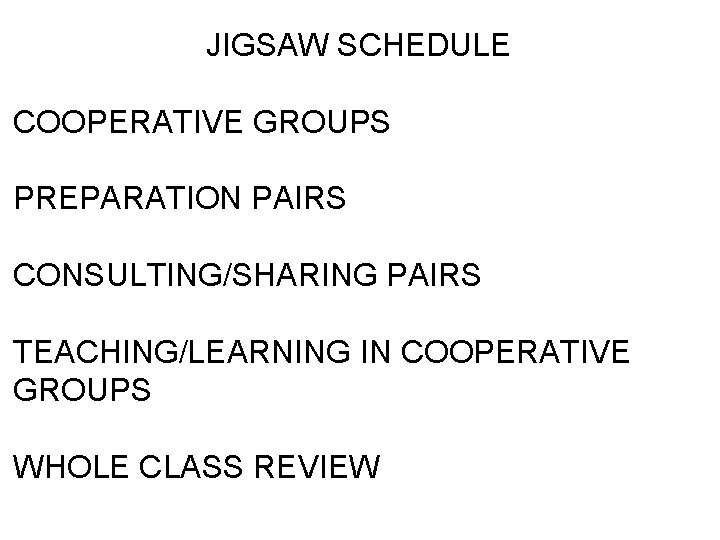 JIGSAW SCHEDULE COOPERATIVE GROUPS PREPARATION PAIRS CONSULTING/SHARING PAIRS TEACHING/LEARNING IN COOPERATIVE GROUPS WHOLE CLASS