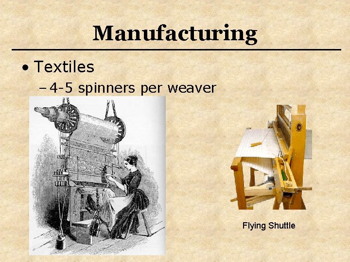 Manufacturing • Textiles – 4 -5 spinners per weaver Flying Shuttle 