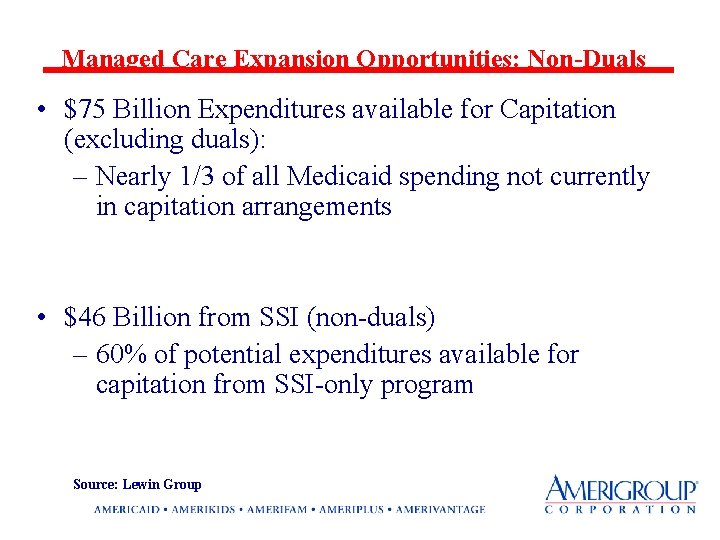 Managed Care Expansion Opportunities: Non-Duals • $75 Billion Expenditures available for Capitation (excluding duals):