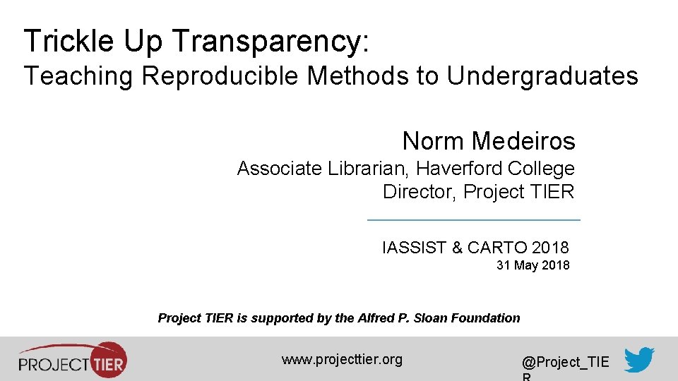 Trickle Up Transparency: Teaching Reproducible Methods to Undergraduates Norm Medeiros Associate Librarian, Haverford College