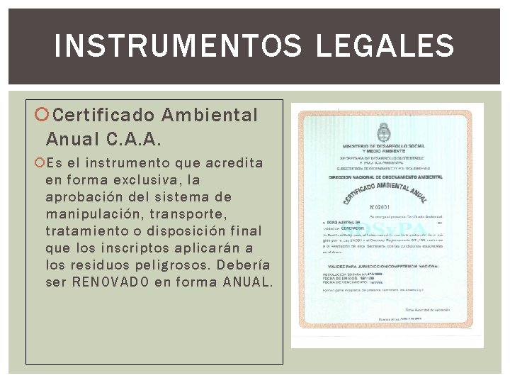 INSTRUMENTOS LEGALES Certificado Ambiental Anual C. A. A. Es el instrumento que acredita en
