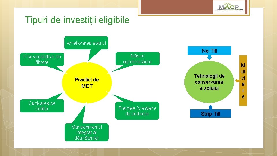 Tipuri de investiții eligibile Ameliorarea solului Măsuri agroforestiere Fîșii vegetative de filtrare Tehnologii de