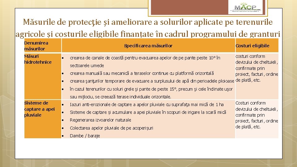 Măsurile de protecţie şi ameliorare a solurilor aplicate pe terenurile agricole şi costurile eligibile