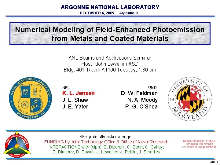 ARGONNE NATIONAL LABORATORY DECEMBER 6, 2005 Argonne, IL Numerical Modeling of Field-Enhanced Photoemission from
