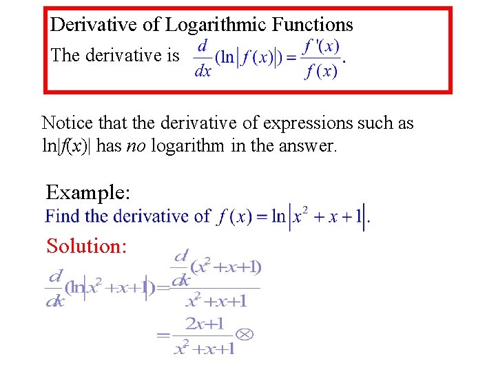 Derivative of Logarithmic Functions The derivative is Notice that the derivative of expressions such