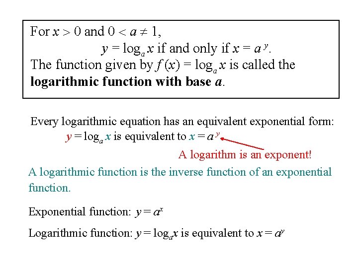 For x 0 and 0 a 1, y = loga x if and only