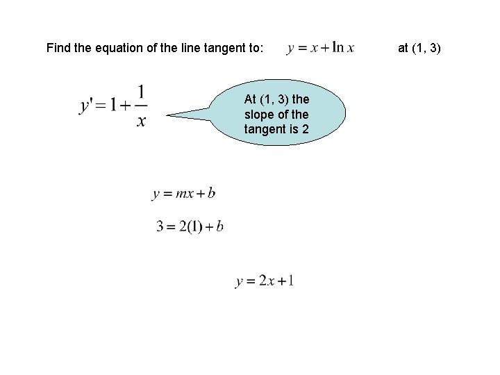 Find the equation of the line tangent to: At (1, 3) the slope of