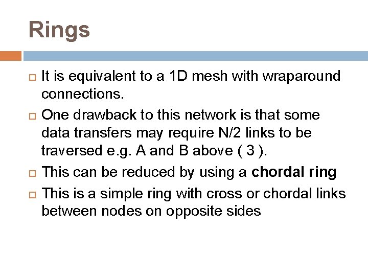 Rings It is equivalent to a 1 D mesh with wraparound connections. One drawback Rings It is equivalent to a 1 D mesh with wraparound connections. One drawback
