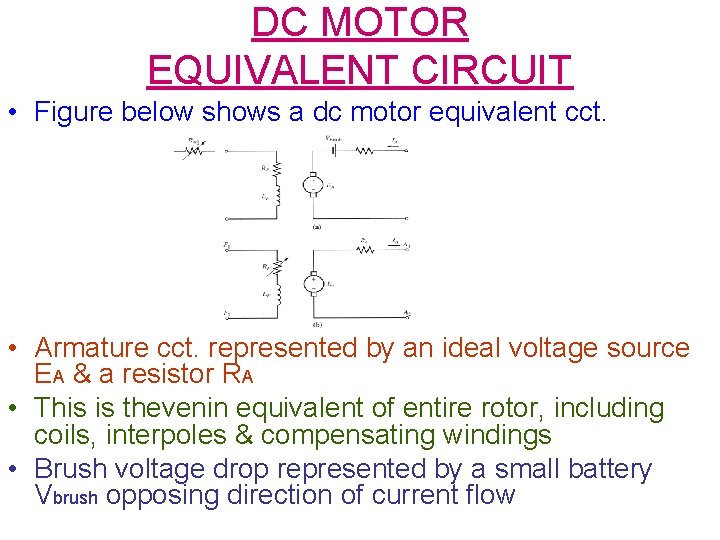 DC MOTOR EQUIVALENT CIRCUIT • Figure below shows a dc motor equivalent cct. •
