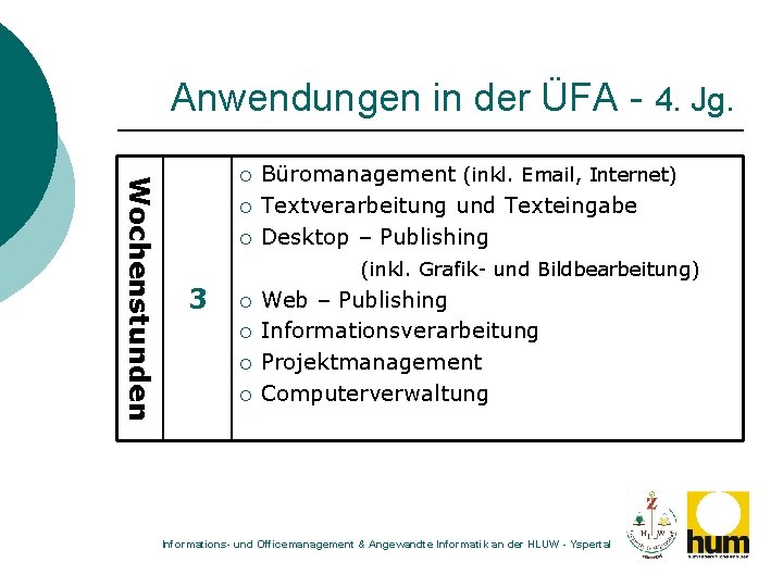 Anwendungen in der ÜFA - 4. Jg. Wochenstunden ¡ ¡ ¡ Büromanagement (inkl. Email,