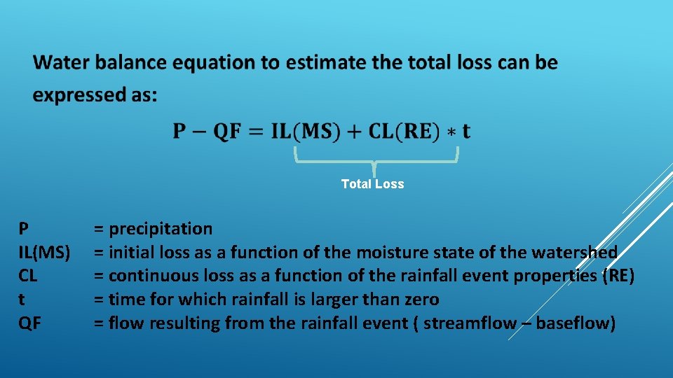 Total Loss P IL(MS) CL t QF = precipitation = initial loss as a
