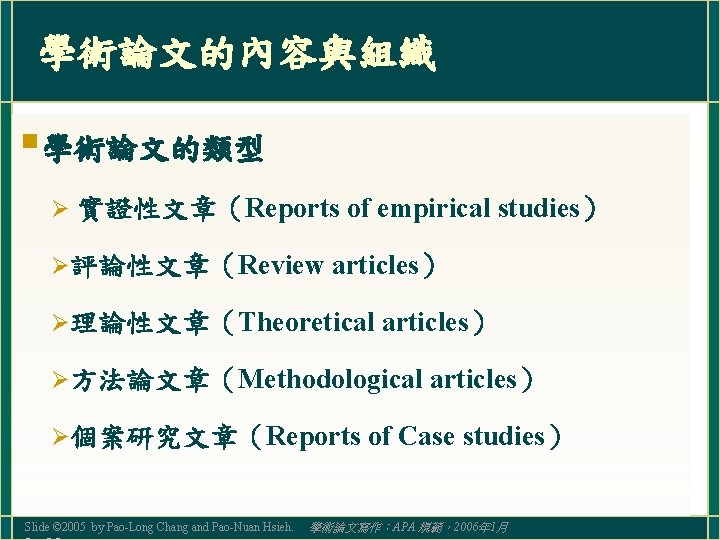 學術論文的內容與組織 §學術論文的類型 Ø 實證性文章（Reports of empirical studies） Ø評論性文章（Review articles） Ø理論性文章（Theoretical articles） Ø方法論文章（Methodological articles） Ø個案研究文章（Reports