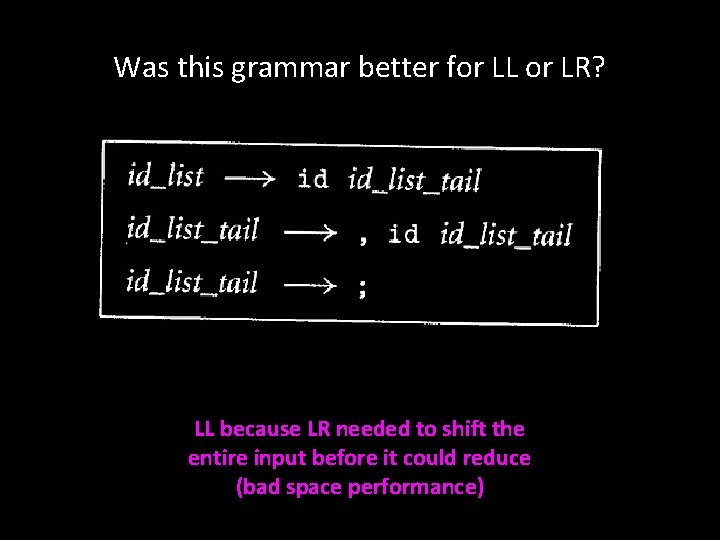 Was this grammar better for LL or LR? LL because LR needed to shift