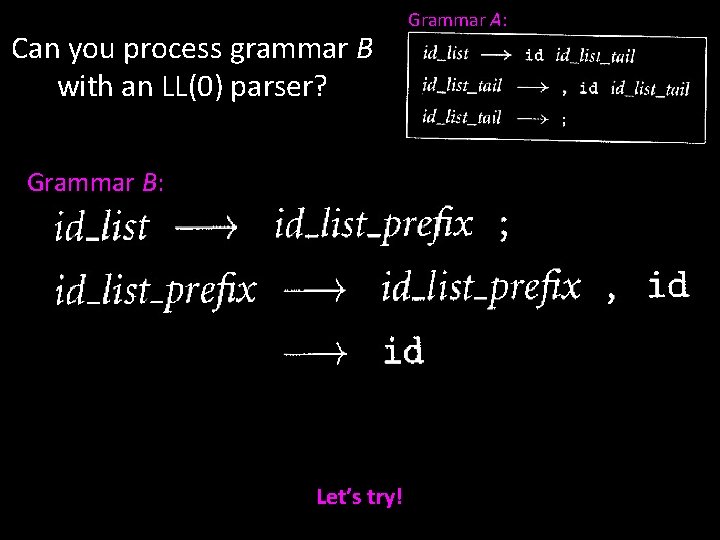 Can you process grammar B with an LL(0) parser? Grammar B: Let’s try! Grammar