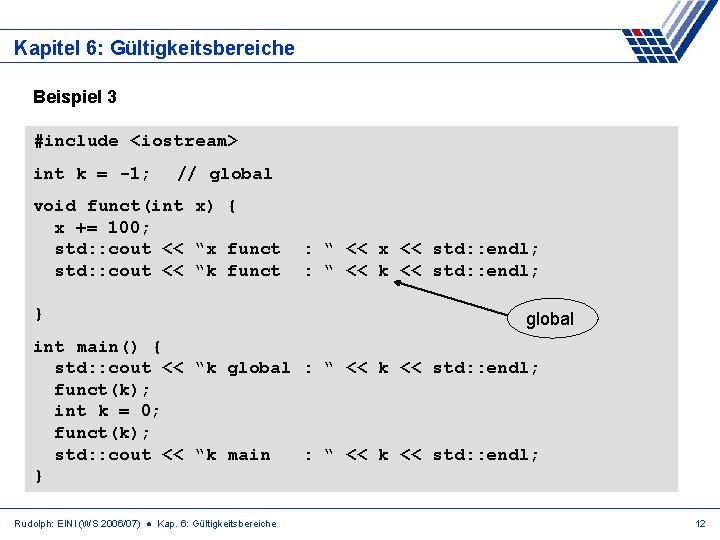 Kapitel 6: Gültigkeitsbereiche Beispiel 3 #include <iostream> int k = -1; // global void