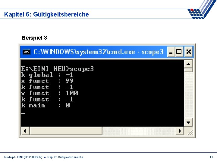 Kapitel 6: Gültigkeitsbereiche Beispiel 3 Rudolph: EINI (WS 2006/07) ● Kap. 6: Gültigkeitsbereiche 13