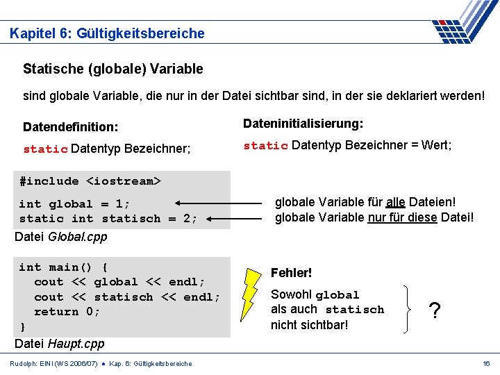 Kapitel 6: Gültigkeitsbereiche Statische (globale) Variable sind globale Variable, die nur in der Datei