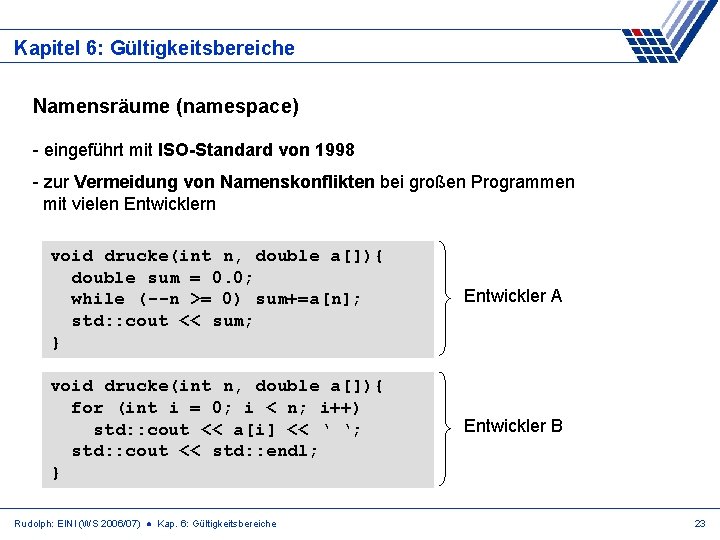 Kapitel 6: Gültigkeitsbereiche Namensräume (namespace) - eingeführt mit ISO-Standard von 1998 - zur Vermeidung