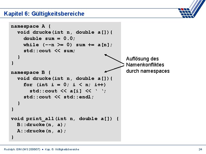 Kapitel 6: Gültigkeitsbereiche namespace A { void drucke(int n, double a[]){ double sum =