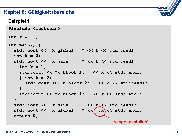 Kapitel 6: Gültigkeitsbereiche Beispiel 1 #include <iostream> int k = -1; int main() {