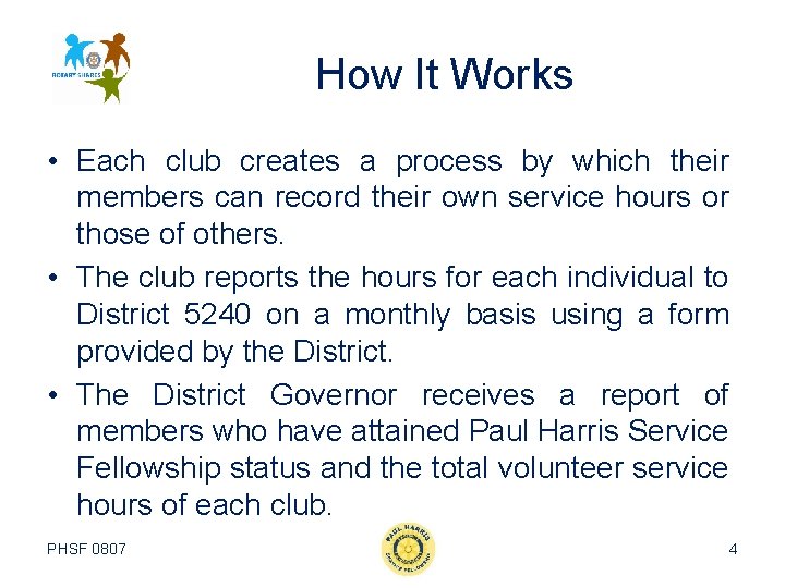 How It Works • Each club creates a process by which their members can