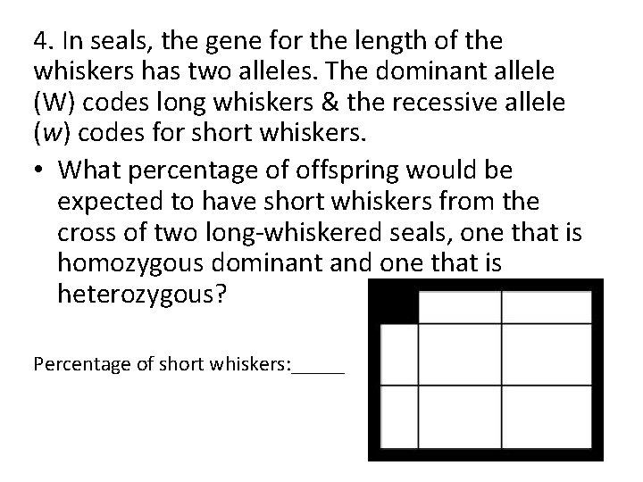 4. In seals, the gene for the length of the whiskers has two alleles.