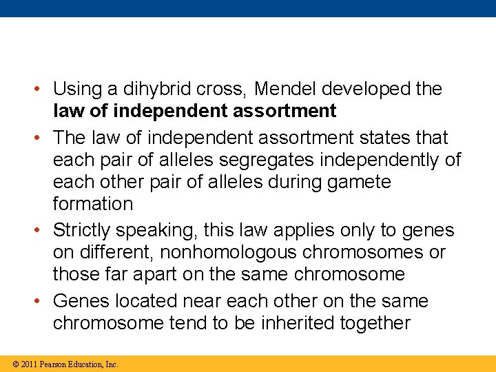  • Using a dihybrid cross, Mendel developed the law of independent assortment •