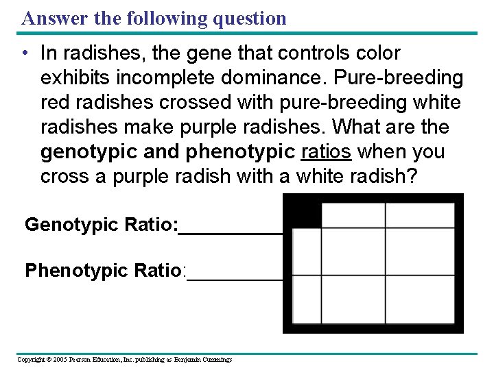 Answer the following question • In radishes, the gene that controls color exhibits incomplete