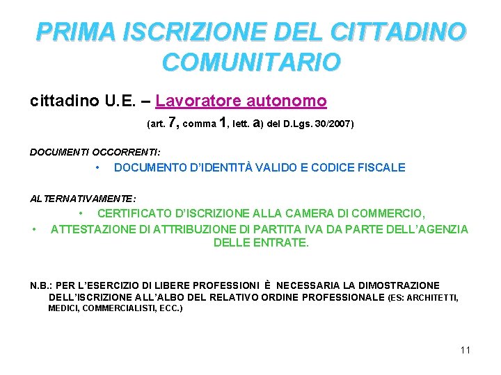 PRIMA ISCRIZIONE DEL CITTADINO COMUNITARIO cittadino U. E. – Lavoratore autonomo (art. 7, comma