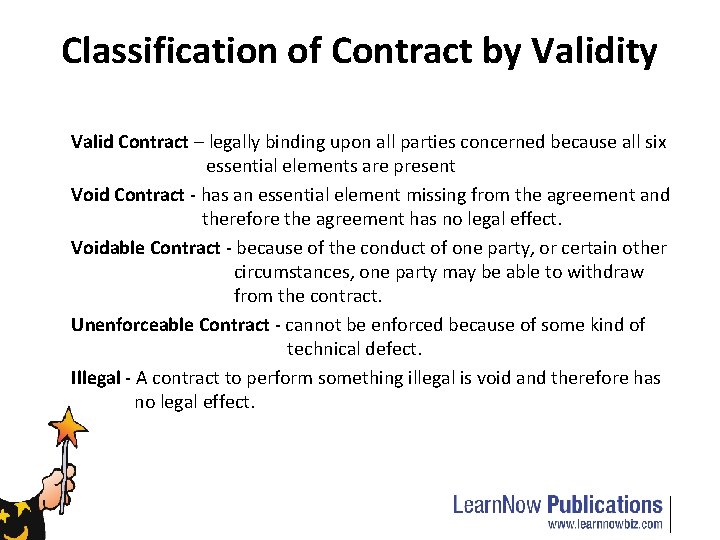 Classification of Contract by Validity Valid Contract – legally binding upon all parties concerned
