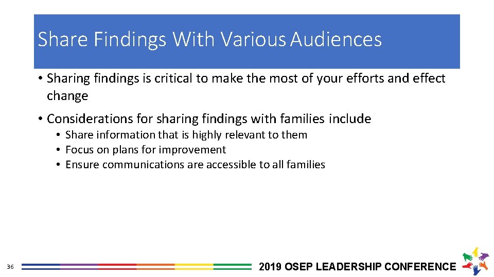 Share Findings With Various Audiences • Sharing findings is critical to make the most
