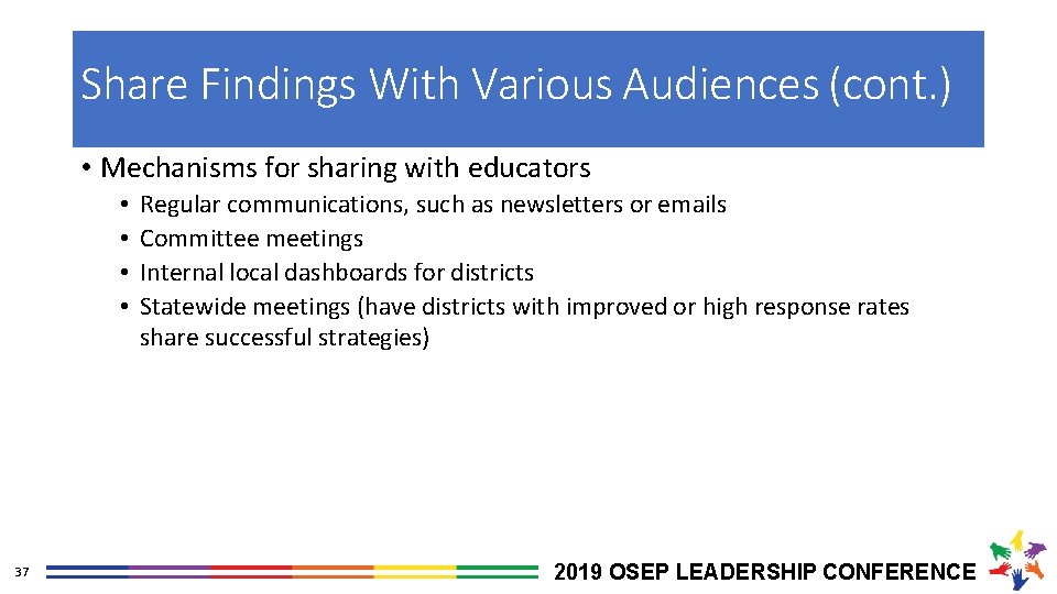 Share Findings With Various Audiences (cont. ) • Mechanisms for sharing with educators •