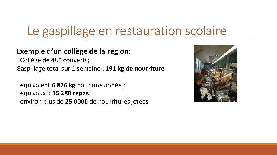 Le gaspillage en restauration scolaire Exemple d’un collège de la région: ° Collège de