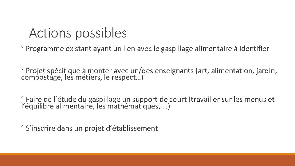 Actions possibles ° Programme existant ayant un lien avec le gaspillage alimentaire à identifier