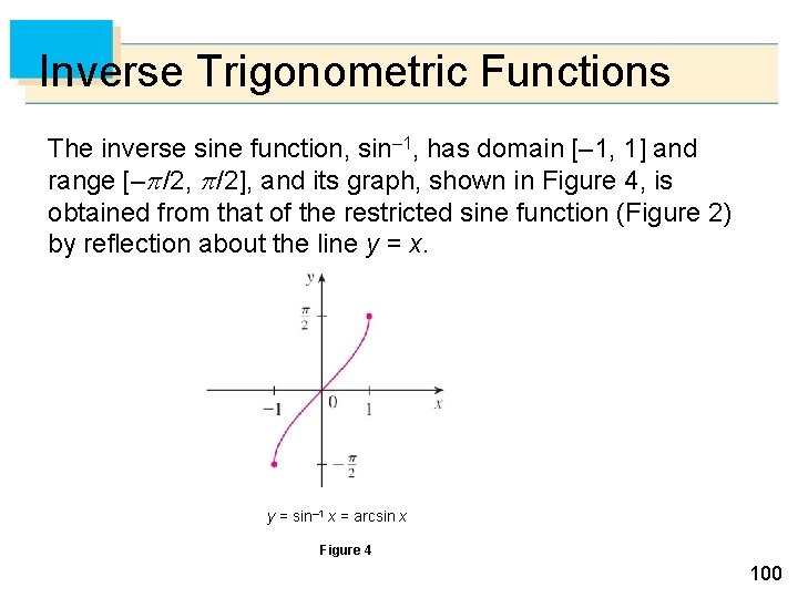 Inverse Trigonometric Functions The inverse sine function, sin– 1, has domain [– 1, 1]