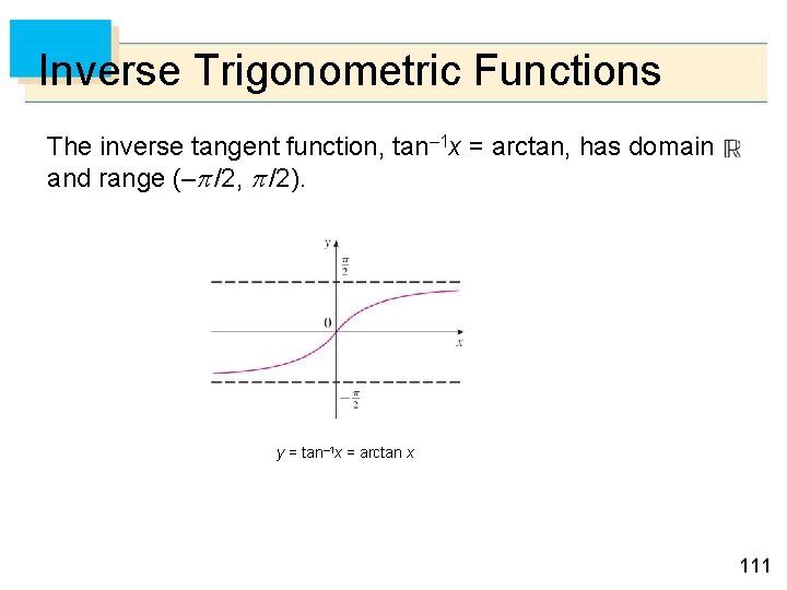 Inverse Trigonometric Functions The inverse tangent function, tan– 1 x = arctan, has domain