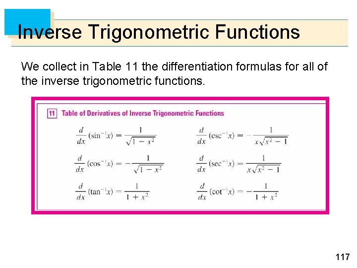 Inverse Trigonometric Functions We collect in Table 11 the differentiation formulas for all of