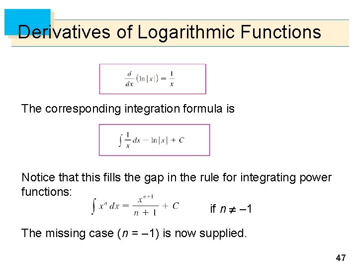 Derivatives of Logarithmic Functions The corresponding integration formula is Notice that this fills the