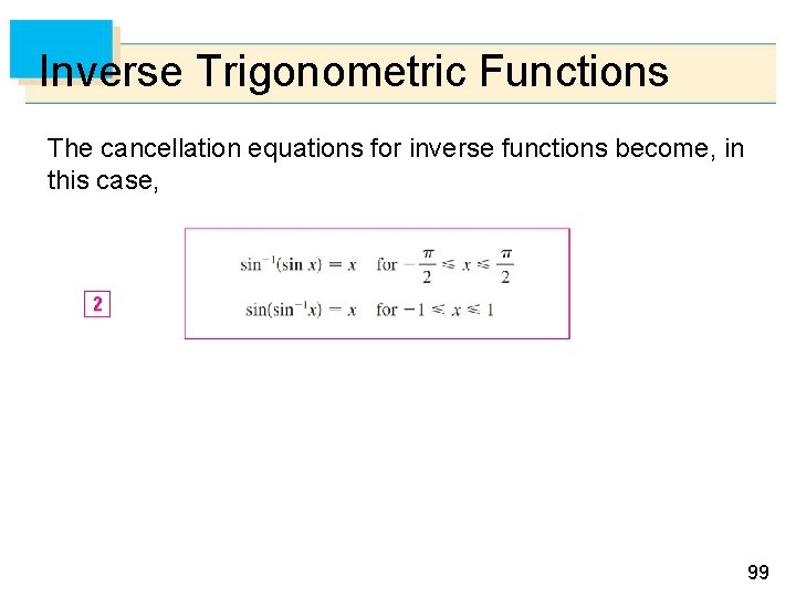 Inverse Trigonometric Functions The cancellation equations for inverse functions become, in this case, 99